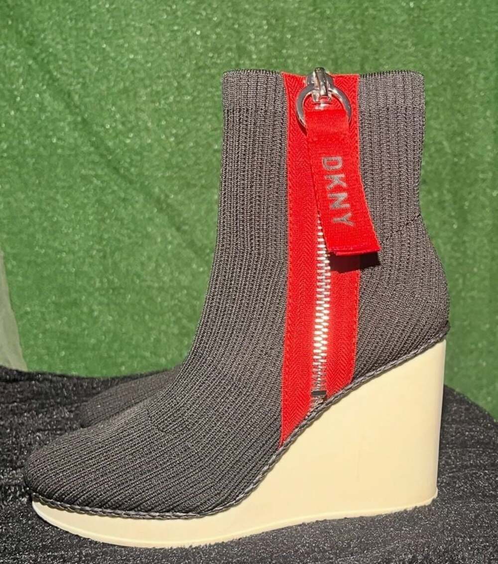 DKNY Women's Knit Wedge Ankle Booties with Red Zip Detail